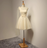 Ndyad A-line sweetheart neck tulle short prom dress, champagne bridesmaid dress HZ1024