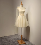 Ndyad A-line sweetheart neck tulle short prom dress, champagne bridesmaid dress HZ1024
