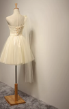 Ndyad A-line sweetheart neck tulle short prom dress, champagne bridesmaid dress HZ1024