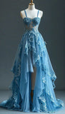 Ndyad Fairytale A-line Hi-Lo Prom Dress for Masquerade ?Tulle&Lace Applique Spaghetti Strap Evening Dress HZ1024