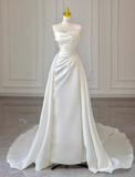 Ndyad A-line off-the-shoulder satin long prom dress, off-white long train dress HZ1024