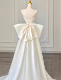 Ndyad A-line off-the-shoulder satin long prom dress, off-white long train dress HZ1024