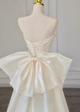 Ndyad A-line off-the-shoulder satin long prom dress, off-white long train dress HZ1024