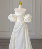 Ndyad A-line off-the-shoulder satin long prom dress, off-white long train dress HZ1024