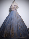 Ndyad A-line off-shoulder tulle sequined long prom dress, purple evening dress HZ1024