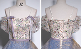 Ndyad A-line off-shoulder tulle sequined long prom dress, purple evening dress HZ1024