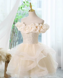 Ndyad A-line off-the-shoulder tulle lace short prom dress, champagne homecoming dress HZ1024