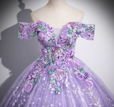 Ndyad A-Line Off Shoulder Tulle Lace Purple Long Prom Dress, Purple Long Formal Dress HZ1024