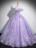 Ndyad A-Line Off Shoulder Tulle Lace Purple Long Prom Dress, Purple Long Formal Dress HZ1024