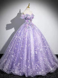 Ndyad A-Line Off Shoulder Tulle Lace Purple Long Prom Dress, Purple Long Formal Dress HZ1024