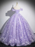 Ndyad A-Line Off Shoulder Tulle Lace Purple Long Prom Dress, Purple Long Formal Dress HZ1024