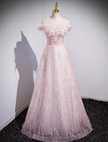 Ndyad A-line off-the-shoulder tulle lace sequined long prom dress, pink evening dress HZ1024