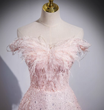 Ndyad A-line off-the-shoulder tulle lace sequined long prom dress, pink evening dress HZ1024