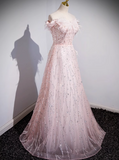 Ndyad A-line off-the-shoulder tulle lace sequined long prom dress, pink evening dress HZ1024