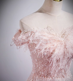 Ndyad A-line off-the-shoulder tulle lace sequined long prom dress, pink evening dress HZ1024
