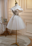Ndyad A-line off-the-shoulder tulle sequin short prom dress, off-white homecoming dress birthday dress HZ1024