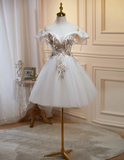 Ndyad A-line off-the-shoulder tulle sequin short prom dress, off-white homecoming dress birthday dress HZ1024