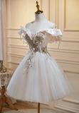 Ndyad A-line off-the-shoulder tulle sequin short prom dress, off-white homecoming dress birthday dress HZ1024