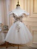 Ndyad A-line off-the-shoulder tulle sequin short prom dress, off-white homecoming dress birthday dress HZ1024