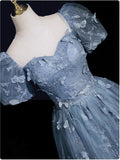 Ndyad Evening Dress under $180||Fairytale?? A-Line Puff Sleeves Tulle Lace Gray BlueSweet Long Prom Dress for Birthday HZ1024