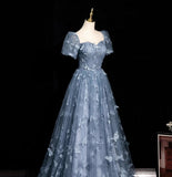 Ndyad Evening Dress under $180||Fairytale?? A-Line Puff Sleeves Tulle Lace Gray BlueSweet Long Prom Dress for Birthday HZ1024
