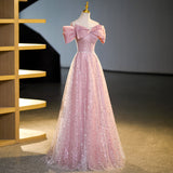 Ndyad A-line off-shoulder tulle sequin long prom dress, pink evening dress HZ1024
