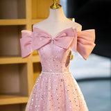 Ndyad A-line off-shoulder tulle sequin long prom dress, pink evening dress HZ1024