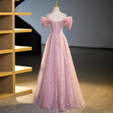 Ndyad A-line off-shoulder tulle sequin long prom dress, pink evening dress HZ1024