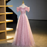 Ndyad A-line off-shoulder tulle sequin long prom dress, pink evening dress HZ1024