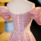 Ndyad A-line off-shoulder tulle sequin long prom dress, pink evening dress HZ1024