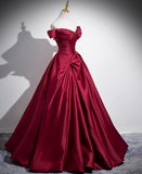 Ndyad A-line off-the-shoulder satin long prom dress, burgundy formal dress HZ1024