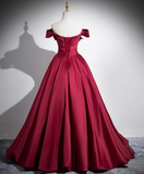 Ndyad A-line off-the-shoulder satin long prom dress, burgundy formal dress HZ1024