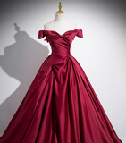 Ndyad A-line off-the-shoulder satin long prom dress, burgundy formal dress HZ1024