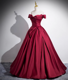 Ndyad A-line off-the-shoulder satin long prom dress, burgundy formal dress HZ1024