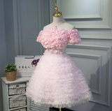 Ndyad A-line off-the-shoulder tulle short prom dress, pink bridesmaid dress HZ1024
