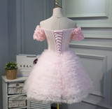 Ndyad A-line off-the-shoulder tulle short prom dress, pink bridesmaid dress HZ1024