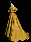 Ndyad Sweetheart Neck Satin Gold Long Prom Dress, Gold Long Formal Dress HZ1024