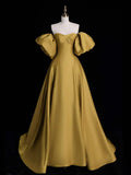 Ndyad Sweetheart Neck Satin Gold Long Prom Dress, Gold Long Formal Dress HZ1024