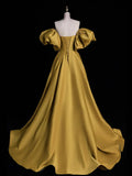 Ndyad Sweetheart Neck Satin Gold Long Prom Dress, Gold Long Formal Dress HZ1024