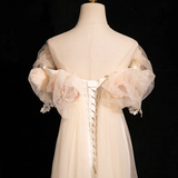 Ndyad A-line off-the-shoulder satin tulle long prom dress, off-white formal dress HZ1024