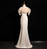 Ndyad A-line off-the-shoulder satin tulle long prom dress, off-white formal dress HZ1024