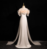 Ndyad A-line off-the-shoulder satin tulle long prom dress, off-white formal dress HZ1024