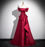 Ndyad A-line off-the-shoulder satin long prom dress, burgundy formal long dress HZ1024