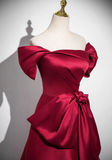 Ndyad A-line off-the-shoulder satin long prom dress, burgundy formal long dress HZ1024