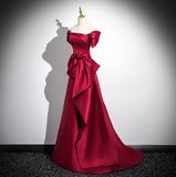 Ndyad A-line off-the-shoulder satin long prom dress, burgundy formal long dress HZ1024