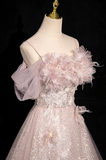 Ndyad A-line off-shoulder sequined tulle long prom dress, pink formal long dress HZ1024