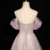 Ndyad A-line off-shoulder sequined tulle long prom dress, pink formal long dress HZ1024