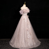 Ndyad A-line off-shoulder sequined tulle long prom dress, pink formal long dress HZ1024