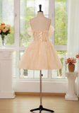 Ndyad A-line off shoulder tulle lace short prom dress, champagne homecoming dress HZ1024