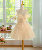 Ndyad A-line off shoulder tulle lace short prom dress, champagne homecoming dress HZ1024